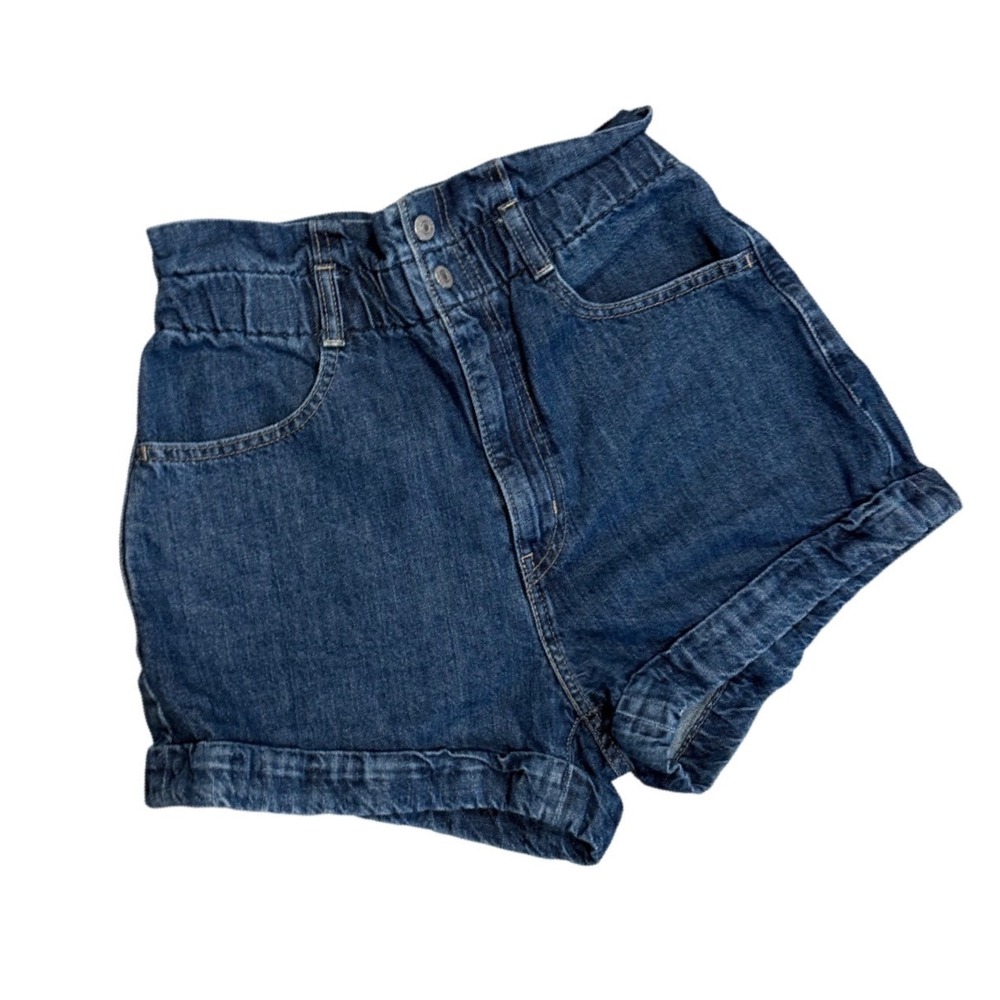 Levis High Waisted Paperbag Denim Shorts Dark Wash Cuffed Size 25